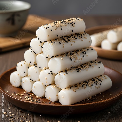 Delicious Korean Rice Cakes Stacked on a Plate with Sesame Seeds.