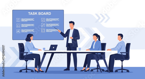 Business Team Analyzing Task Board During Collaborative Brainstorming Session