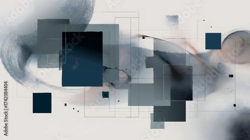 An abstract composition featuring geometric shapes, lines, and curves in a modern design with a dark color palette and hints of orange