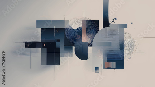 An abstract composition featuring geometric shapes, lines, and curves in a modern design with a dark color palette and hints of orange