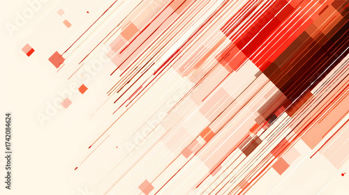 An abstract composition featuring geometric shapes in red, white, and gray, with lines and gradients creating a modern, dynamic feel