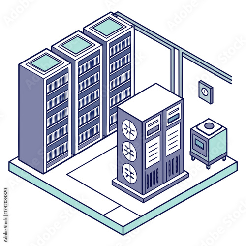 Isometric illustration of a server room with multiple racks