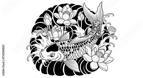 Elaborate Koi Fish and Lotus Flower Arrangement in Black and White Graphic Illustration