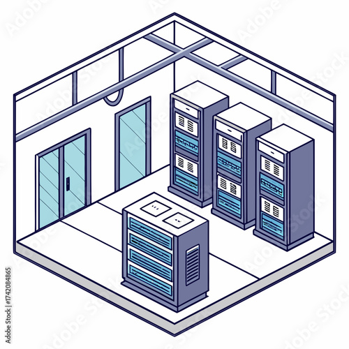 Isometric view of a server room with multiple racks