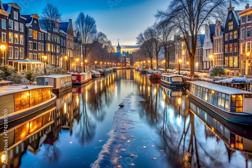 A picturesque canal in amsterdam at dusk, with historic buildings and boats reflecting in the water, illuminated by warm streetlights on a cold winter evening