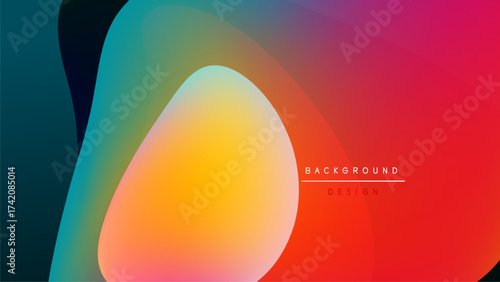 Abstract fluid shapes blend vibrant colors. Gradient transitions create dynamic visual impact against dark background. Modern design element.