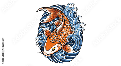 Vibrant koi carp swimming among stylized waves, a japanese inspired artistic design