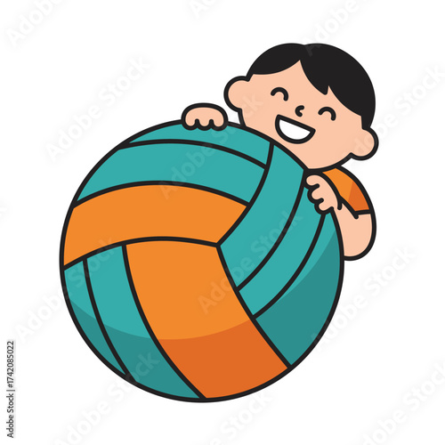 A cheerful cartoon boy with black hair happily embraces a large teal and orange volleyball, depicting joy and active play.