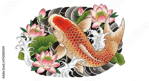 Elegance of koi carp among lotus blossoms with rhythmic water pattern creates serenity and beauty