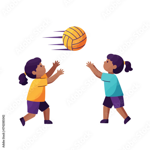 Energetic illustration depicts two happy young girls with dark skin actively playing volleyball, enjoying a fun and healthy outdoor sports activity.