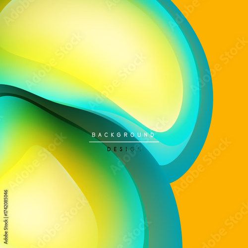 Abstract fluid shapes, vibrant colors blend. Yellow, green, orange hues create dynamic background design. Smooth gradients offer modern aesthetic.