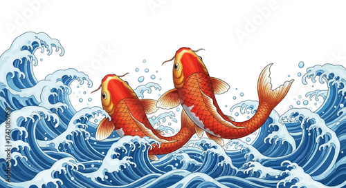 Japanese Aesthetic: Two Vibrant Koi Fish Swimming Gracefully Through Blue Ocean Waves Art