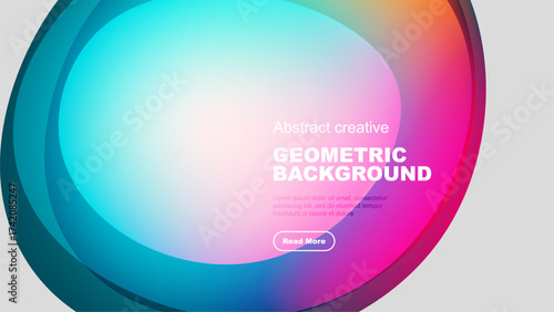 Abstract circles overlap, creating vibrant color gradients. Text reads geometric background, with button below. Modern design.