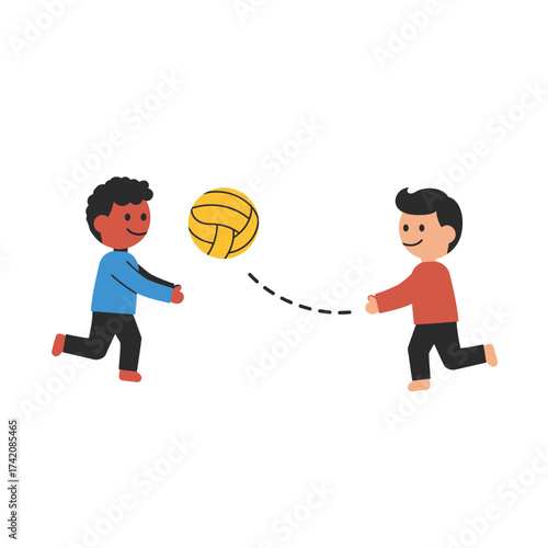 Two happy diverse children joyfully play a game of catch with a yellow ball, demonstrating active outdoor fun and the simple pleasure of friendship.