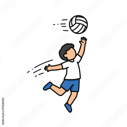 A dynamic cartoon boy in a white shirt and blue shorts jumps high to spike a volleyball, capturing the essence of active youth and joyful sport.