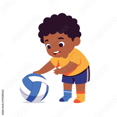 A cheerful young African American boy with dark curly hair is happily reaching for a blue and white volleyball, embodying the joy of active childhood play.