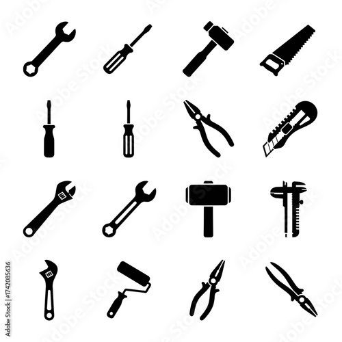 An assortment of black and white tool icons arranged in a rectangular grid on a white background