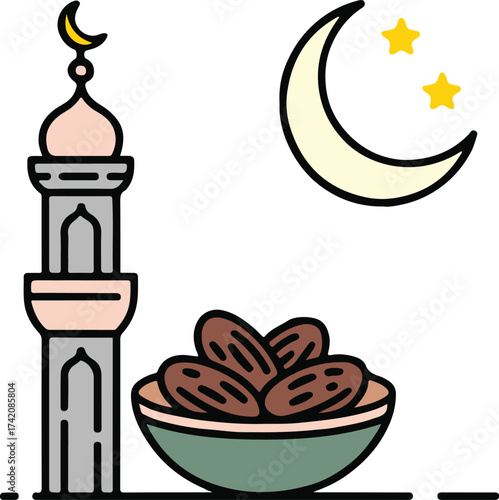 Ramadan kareem with dates fruit, crescent moon and mosque isolated on white