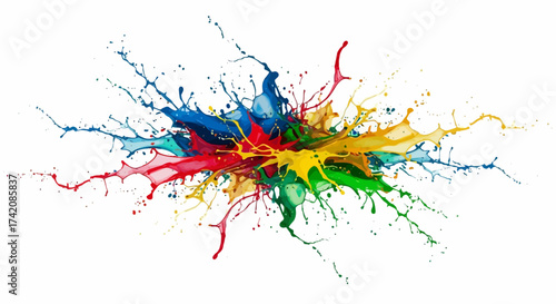 Dynamic chromatic splash of vibrant hues against a pristine white canvas showcasing artistry