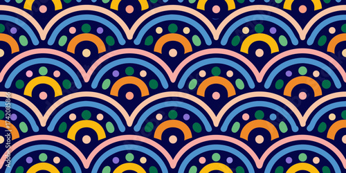 Colorful abstract geometric pattern with repeating arches and dots on a dark blue background