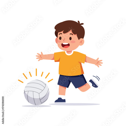 A cheerful young boy, full of energy and joy, enthusiastically plays with a volleyball, illustrating childhood fun and active recreation.