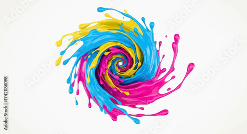 Vibrant chromatic symphony: a swirling vortex of fluid magenta, cyan, and golden hues on a