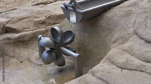 Water mill turning flow fall energy green ecology pure rotation wheel engine eternal science children kids play game funny perpetual motion machine 