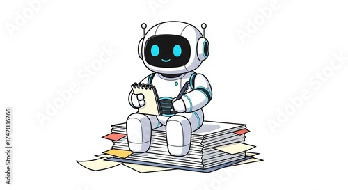 Friendly robot taking notes while sitting atop a stack of papers, possibly summarizing important information, or learning to improve performance
