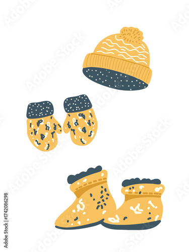 vector illustration yellow baby hat mittens and boots set