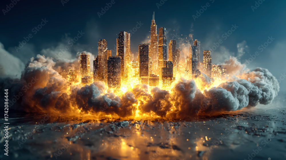 Fototapeta premium Futuristic city exploding with golden light and smoke clouds rising dramatically