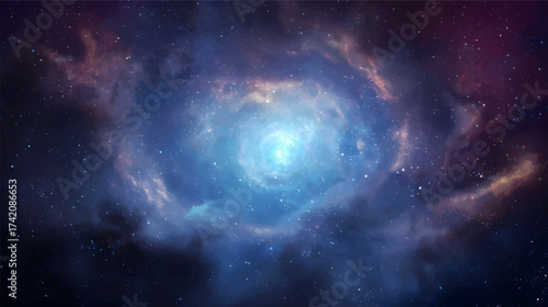A stunning cosmic scene featuring a swirling galaxy with vibrant colors, stars, and nebulae