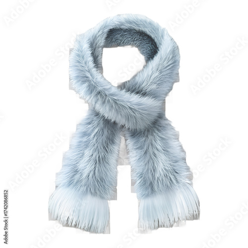 Soft light blue fuzzy scarf with fringe detail, perfect for winter warmth and fashion, isolated on transparent background