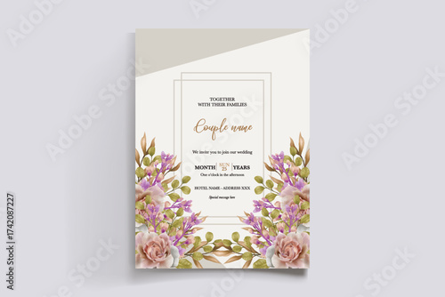 WEDDING INVITATION FRAME WITH FLOWER DECORATIONS AND FRESH LEAVES