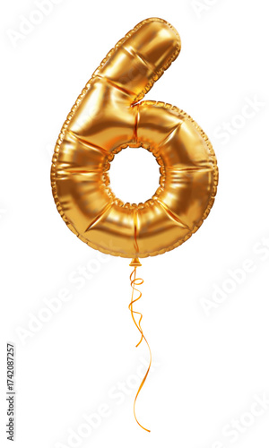 Golden foil balloon in form of number 6. Inflatable gold balloon, digit six, isolated. Festive decoration for birthday, anniversary or other holiday celebration. 3D realistic vector illustration