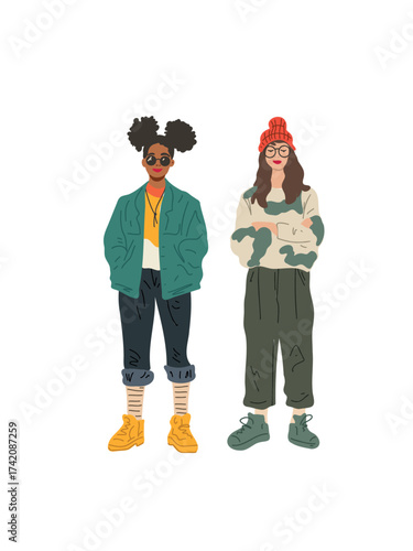 vector illustration fashionable youth in colorful retro outfits