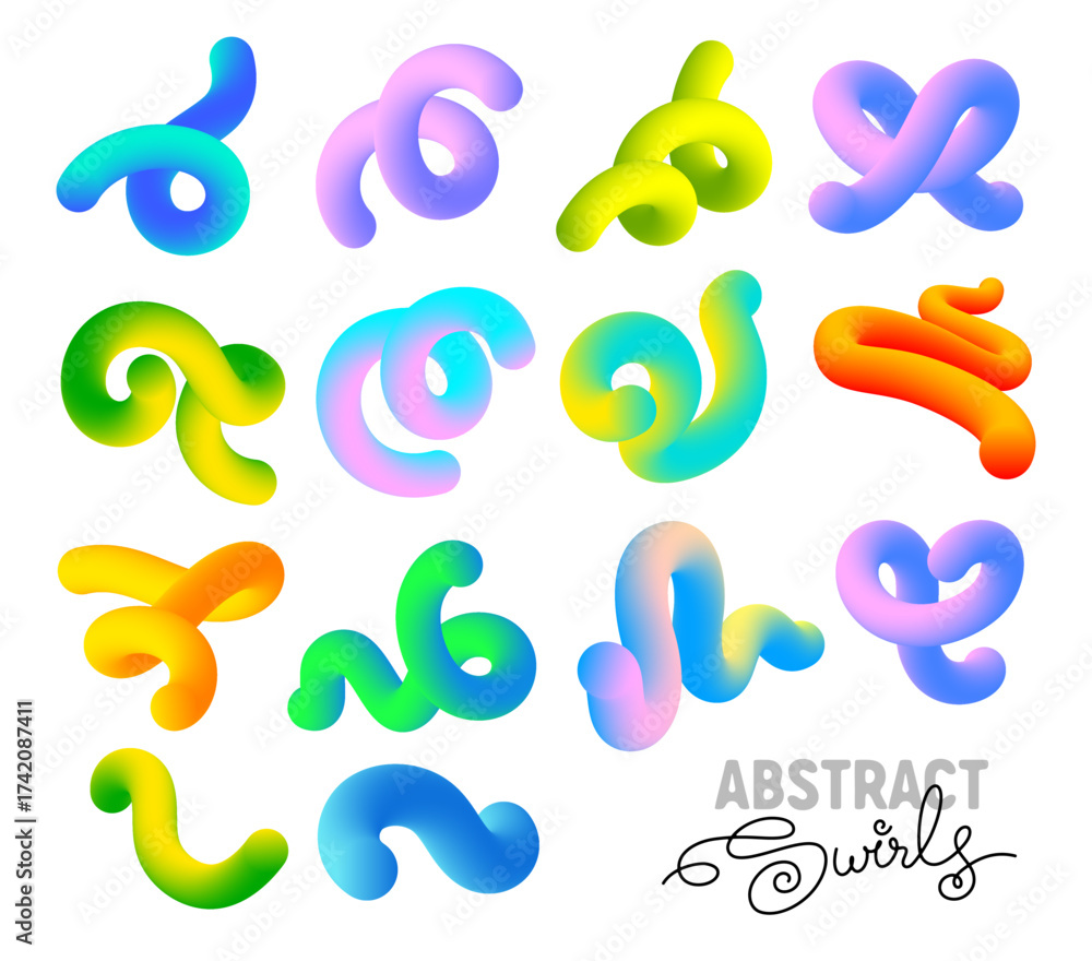 Obraz premium Convex swirls with neon color gradients. Abstract 3D curved, spiral and wave geometric shapes. Bright design elements for posters and banners backgrounds. Wavy color ribbons. Vector illustration