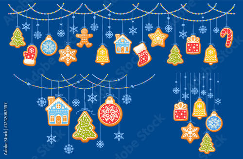 Christmas and New Year garlands set. Cute festive decorations with gingerbread cookies and snowflakes. Various shaped icing gingerbreads, hanging on garland. Border and decor. Vector illustration