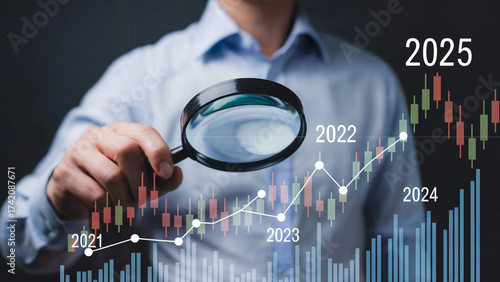 Strategizing for financial growth in 2025 with detailed data analysis using a magnifying glass to examine positive trends in a dynamic business environment