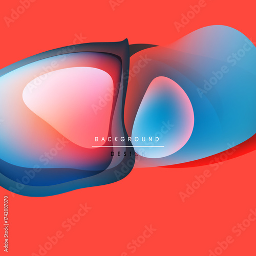 Abstract fluid shapes overlap, creating vibrant color gradients. Red background complements blue, pink hues. Design elements suggest motion, depth.
