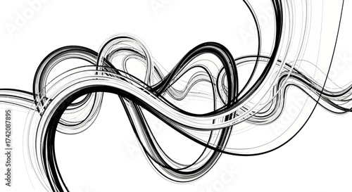 Dynamic monochrome illustration showcasing interwoven lines against a stark white backdrop