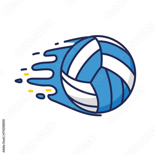 This vibrant illustration captures a blue and white volleyball moving swiftly, symbolizing the excitement and agility inherent in athletic competition.