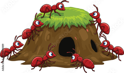 Cartoon red ants crawling on anthill, insect colony teamwork illustration, soil nest with green grass, wildlife nature concept, hardworking ant insects