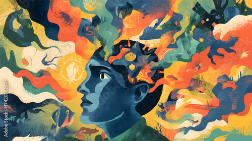 A colorful illustration depicting a person's head with various images and symbols emerging from it, representing thoughts and creativity