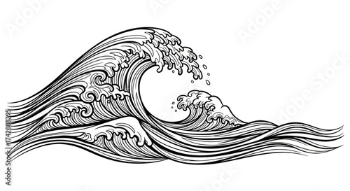 Detailed monochromatic illustration of ocean waves with stylized linework and crests