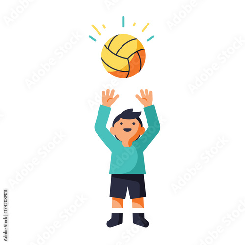 A cheerful young boy with outstretched arms enthusiastically reaches for a bright yellow volleyball, enjoying a fun and active game.