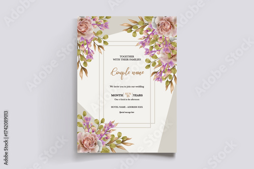 WEDDING INVITATION FRAME WITH FLOWER DECORATIONS AND FRESH LEAVES