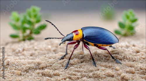Colorful blue banded beetle walking on sand