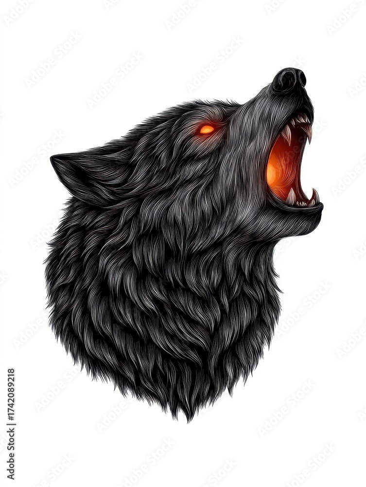 Obraz premium Dynamic digital illustration of a fierce wolf howling with intense glowing eyes detailed fur and a powerful primal expression perfect for wildlife nature and animal-themed designs