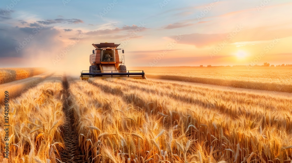 Obraz premium Combine harvester working in golden wheat field at sunset