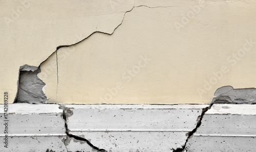 large crack on wall and foundation, earthquake causes building to damaged